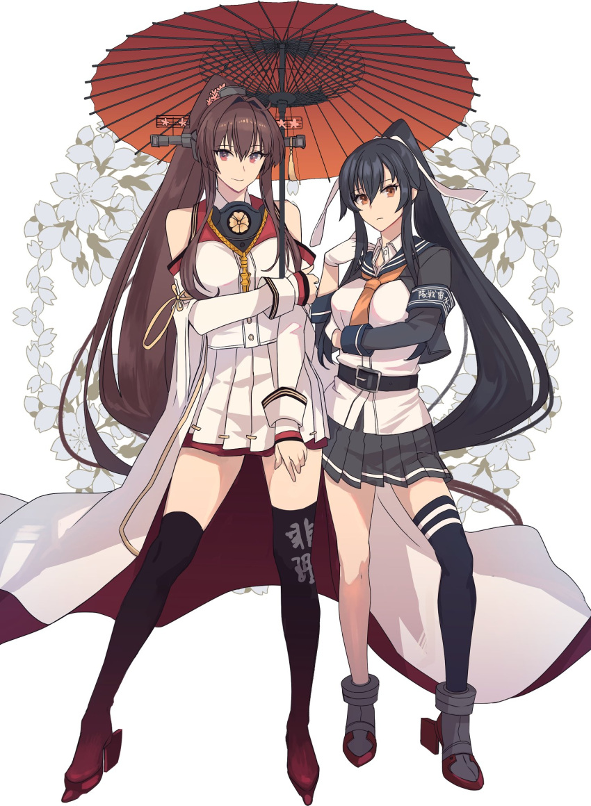 2girls, belt, black_belt, black_hair, black_sailor_collar, black_socks, black_thighhighs, brown_eyes