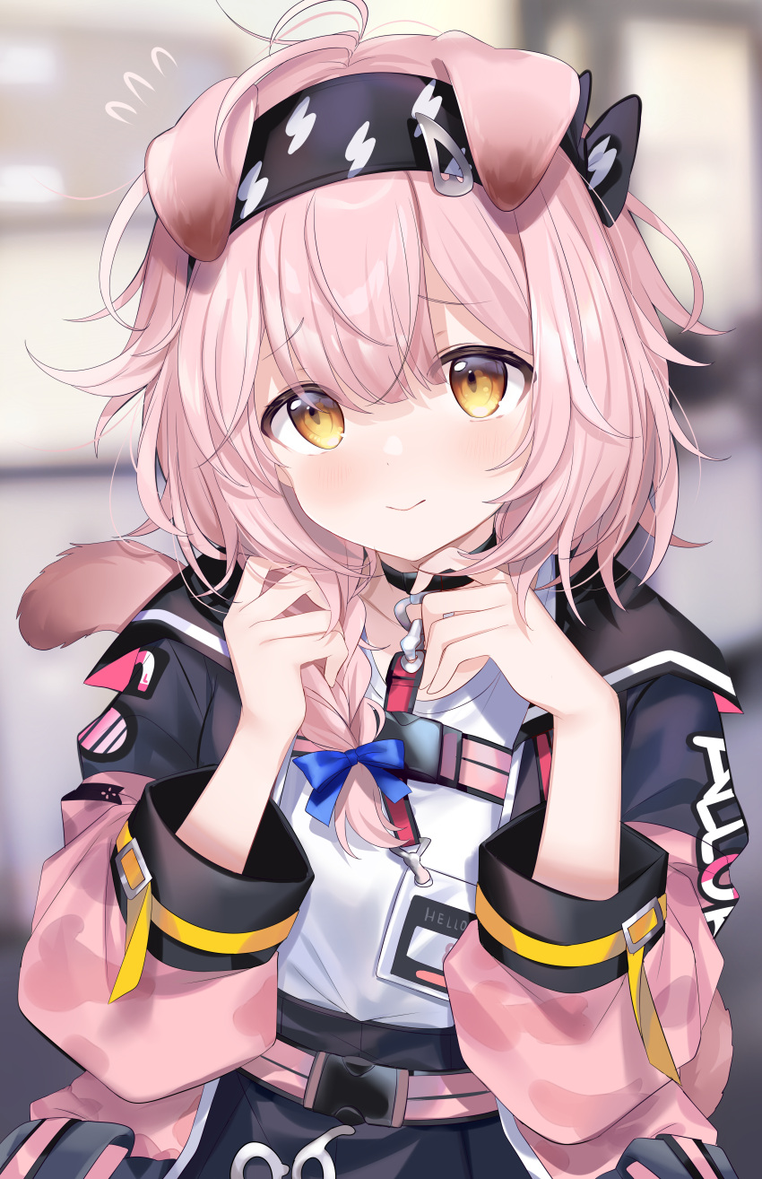 1girl, absurdres, animal_ears, arknights, black_collar, black_hairband, blue_bow, blue_jacket