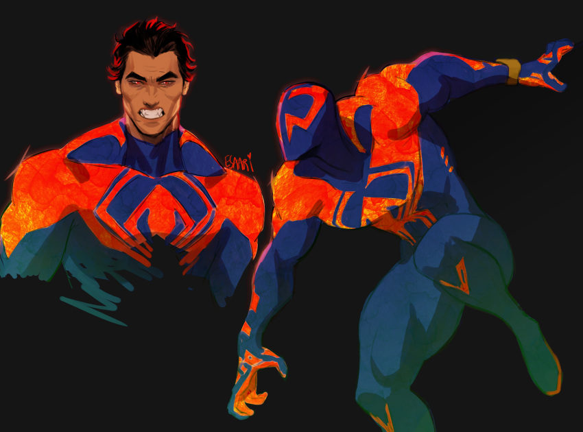 1boy, absurdres, animal_print, artist_name, black_background, black_hair, blue_bodysuit, blue_mask