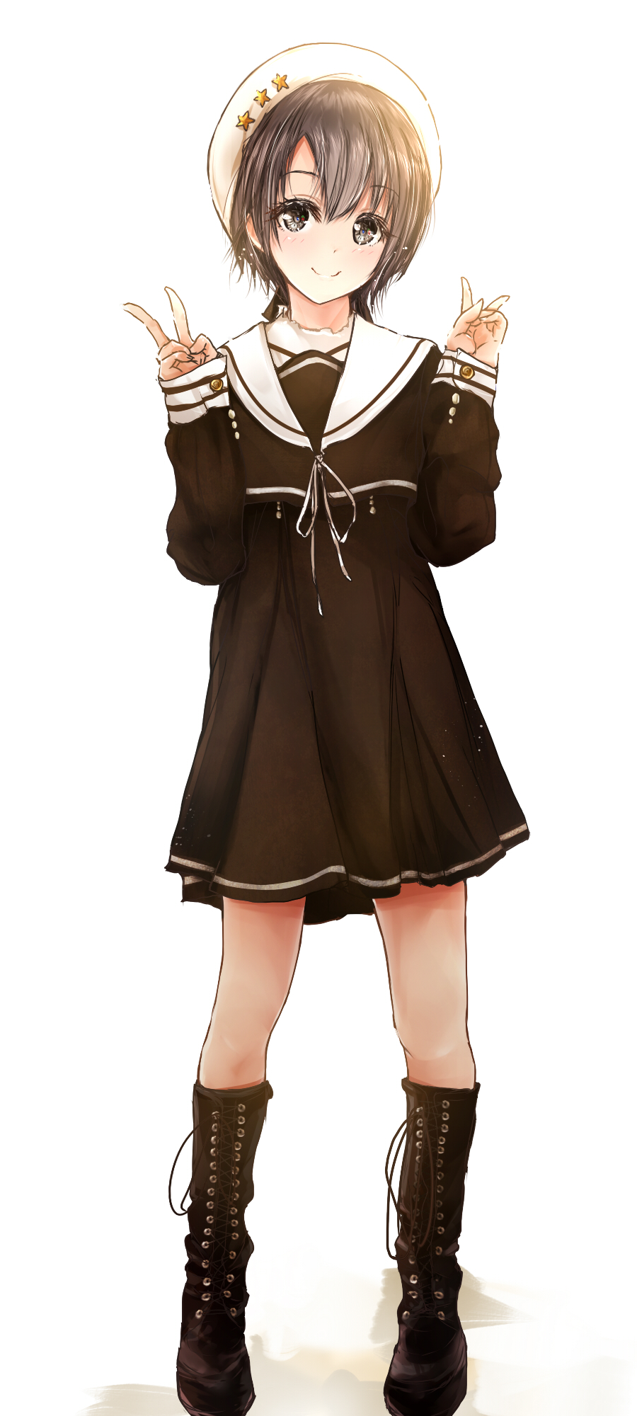 1girl, beret, black_dress, black_footwear, blush, boots, double_v, dress, full_body, grey_hair, hat, highres, idolmaster, idolmaster_cinderella_girls, knee_boots, looking_at_viewer, otokura_yuuki, redeye_(artist), sailor_dress, simple_background, smile, solo, v, white_background, white_headwear
