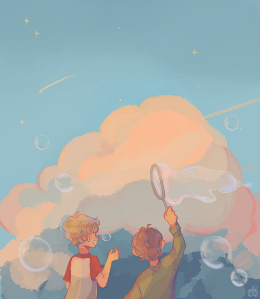 2boys, blonde_hair, brown_hair, bubble, clouds, cyraphres, dream_smp, green_sweater, highres, multiple_boys, shirt, sweater, tommyinnit, tubbo