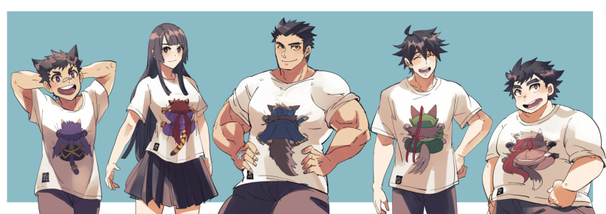 1girl, 4boys, ahoge, arms_behind_head, bandaid, bandaid_on_face, bandaid_on_nose, black_hair