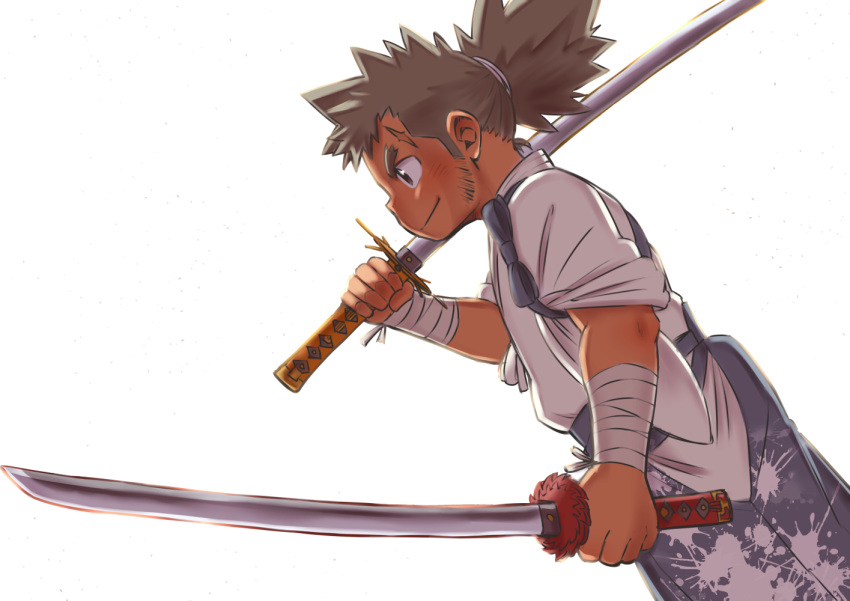 1boy, brown_hair, dual_wielding, dutch_angle, ei_(marutendon), hakama, high_ponytail, holding