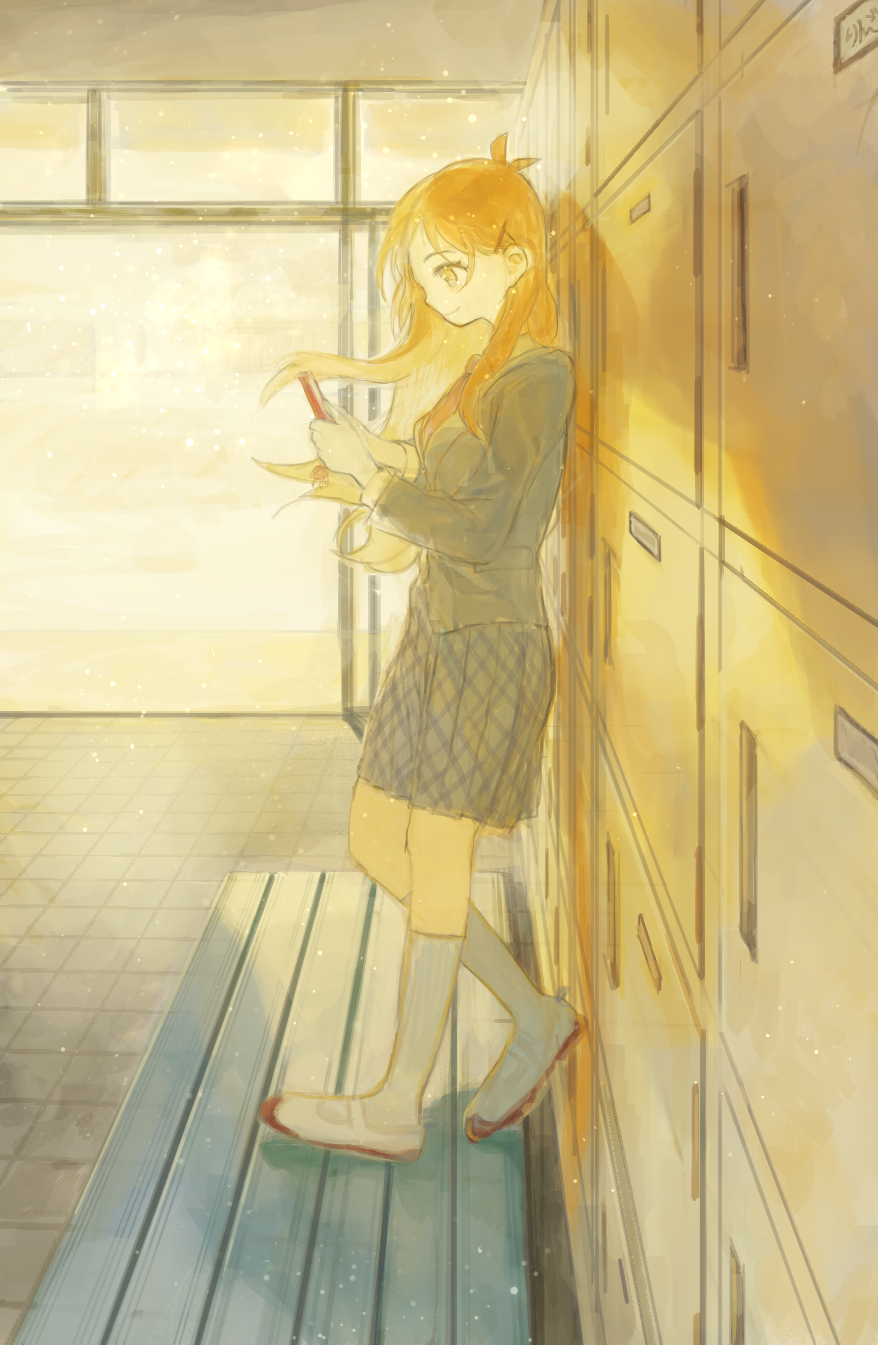 1girl, antenna_hair, blazer, brown_hair, from_side, full_body, getabako, goto_(cach8237)
