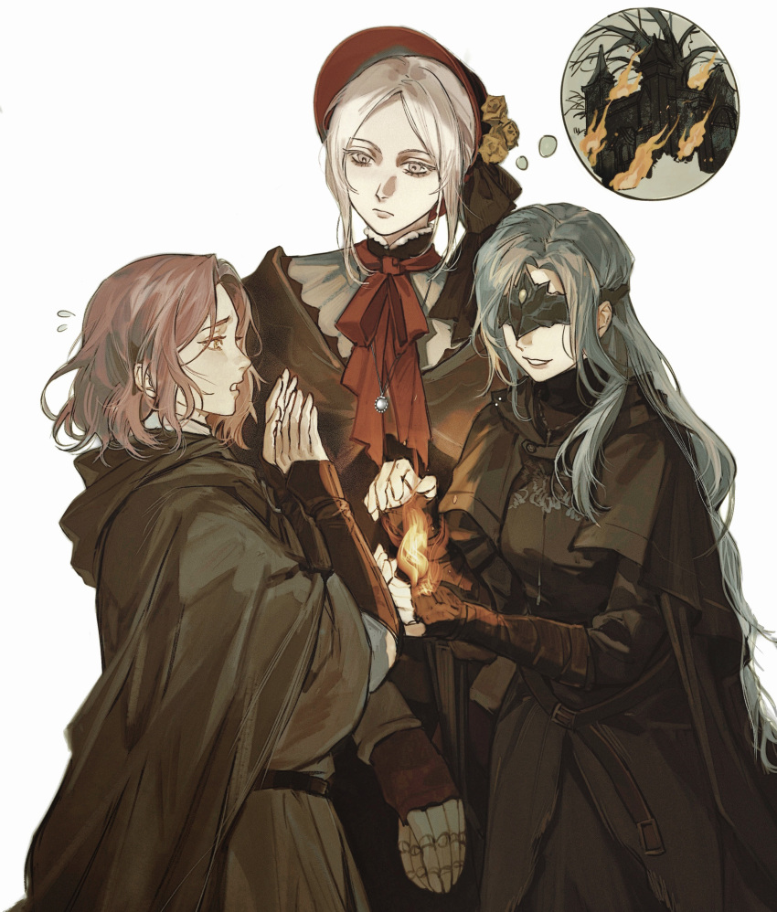 3girls, absurdres, ascot, belt, blindfold, bloodborne, bonnet, brown_capelet