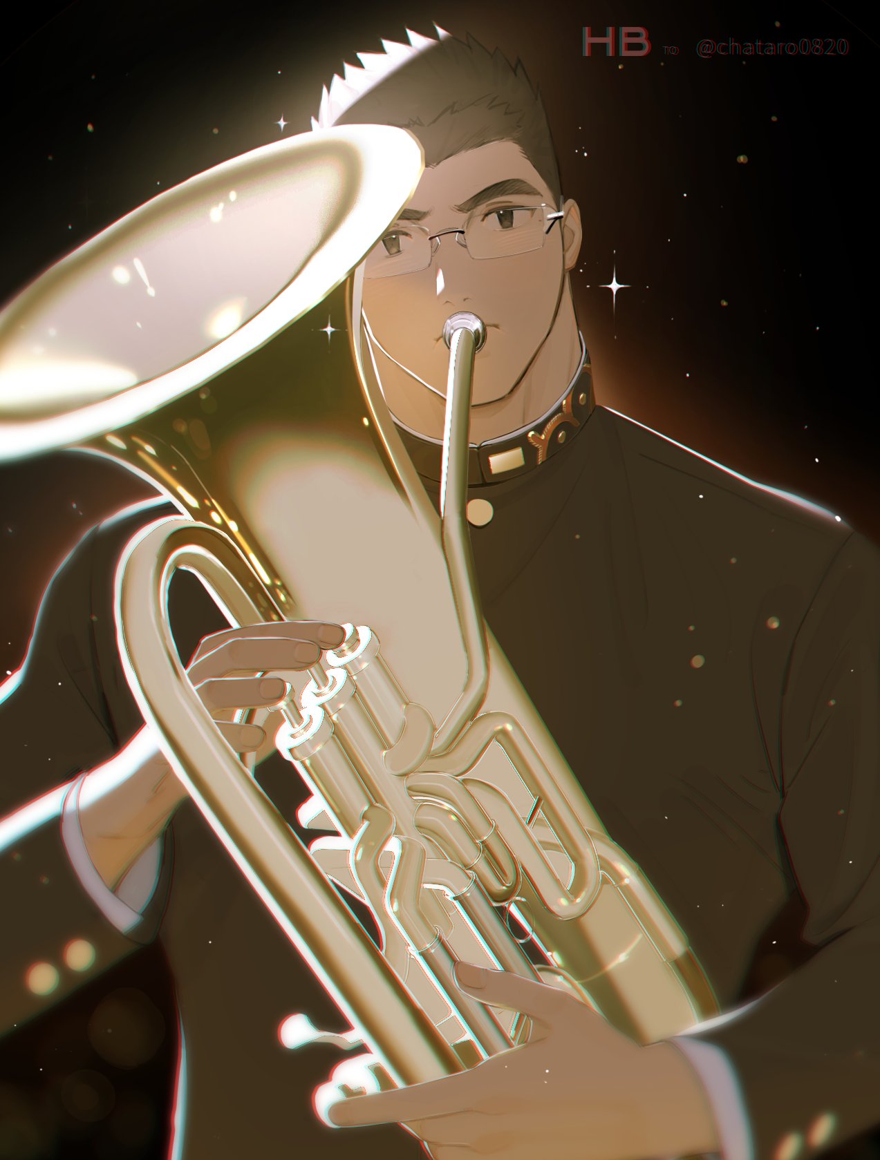1boy, black_background, black_hair, chromatic_aberration, commentary_request, gakuran, gift_art, glasses