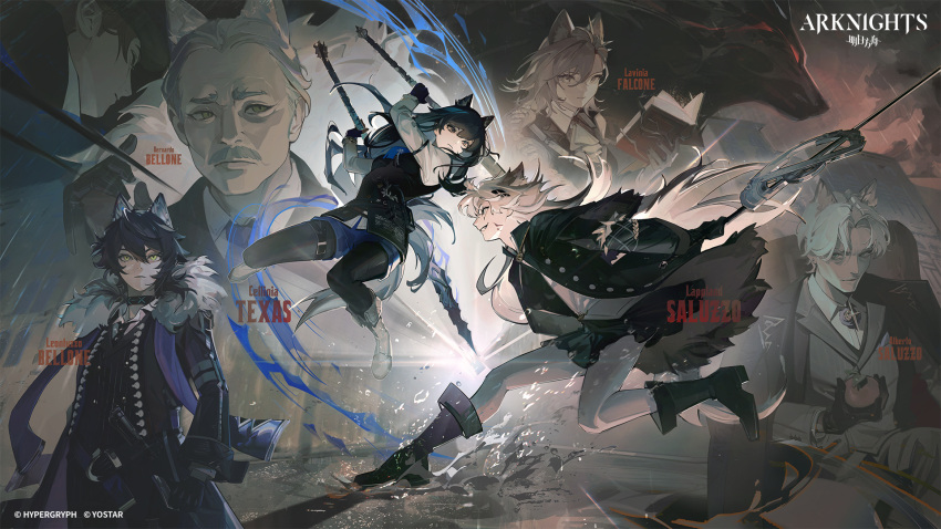 3girls, 4boys, ameriya, animal_ears, arknights, black_collar, black_footwear, black_gloves