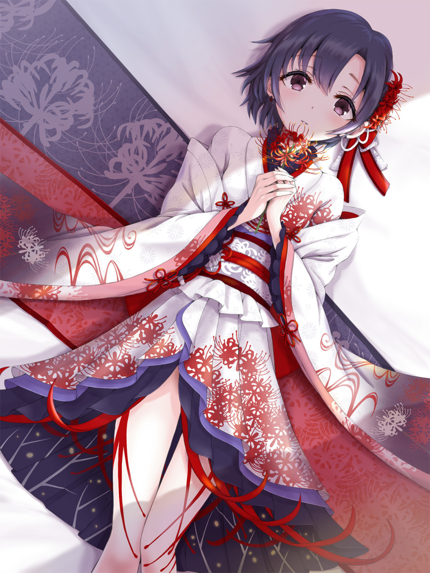 1girl, black_hair, blush, detached_sleeves, dot_nose, floral_print, flower, hair_flower