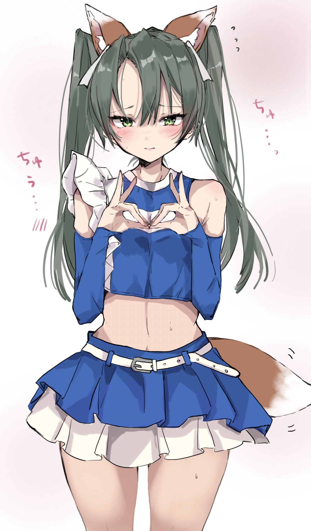 1girl, animal_ears, belt, blue_shirt, blue_skirt, cheerleader, chigasaki_yukari, cowboy_shot