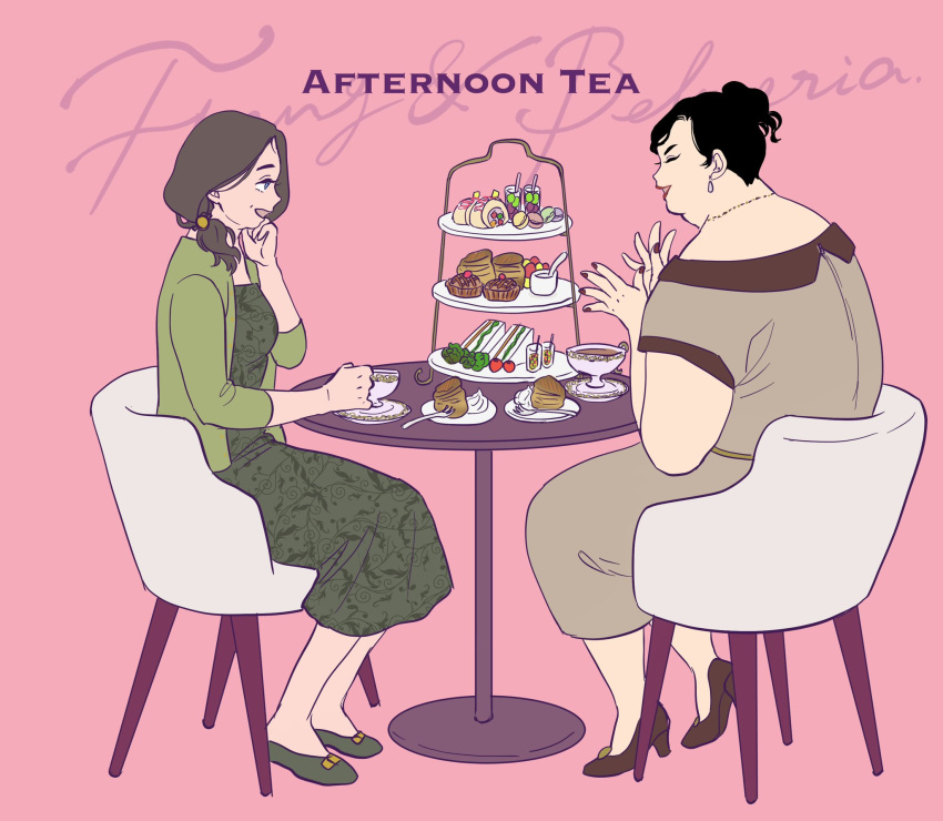 2girls, belmeria_winston, black_hair, brown_footwear, brown_hair, character_name, closed_eyes, commentary, cup, cupcake, dress, earrings, fat, feng_jun, food, fork, full_body, green_dress, green_footwear, green_jacket, grey_dress, gundam, gundam_suisei_no_majo, high_heels, highres, jacket, jewelry, looking_at_another, mature_female, michiru_(gakuranz), multiple_girls, nail_polish, necklace, on_chair, open_mouth, pink_background, plate, red_lips, sandwich, shoes, short_hair, sitting, smile, symbol-only_commentary, table, teacup, tiered_tray