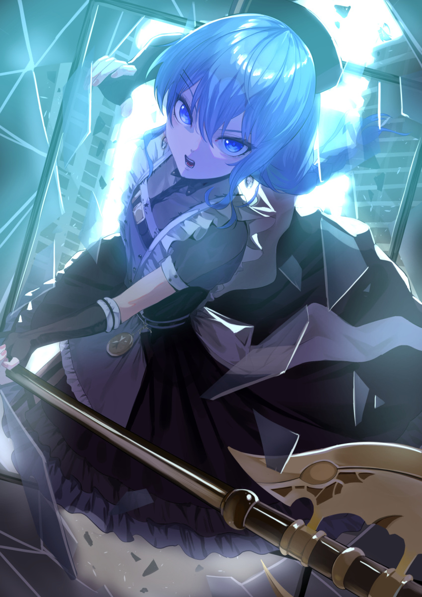 1girl, angry, apron, bardiche_(weapon), black_dress, black_gloves, black_headwear, blue_eyes