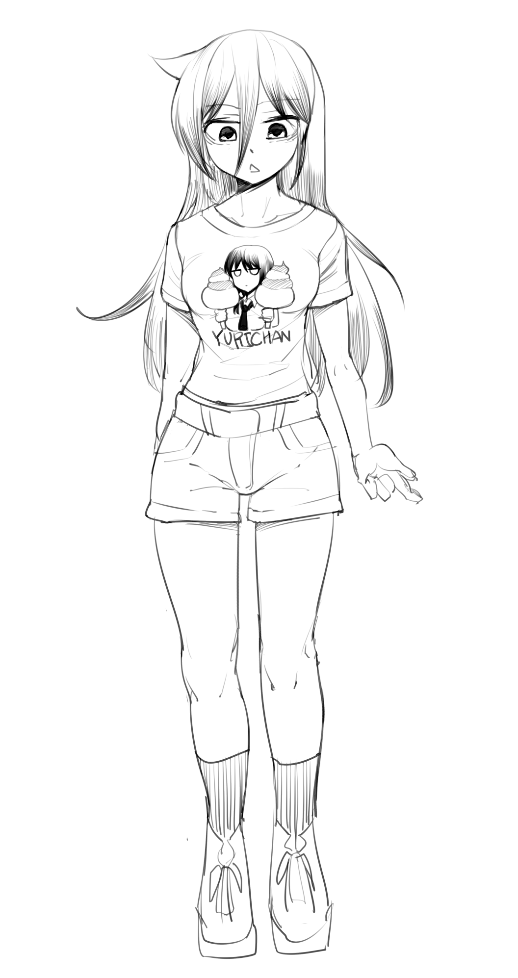 1girl, breasts, full_body, greyscale, hair_between_eyes, highres, kuroki_tomoko, long_hair