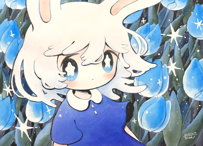 1girl, animal_ears, artist_name, blue_dress, blue_eyes, blue_flower, blue_tulip, blush