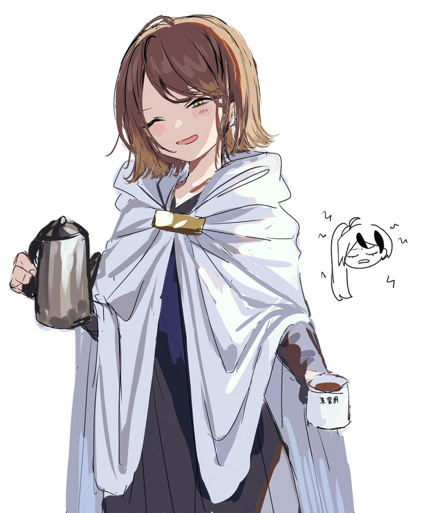 1girl, blush, brown_hair, cape, closed_eyes, coffee, happy, highres