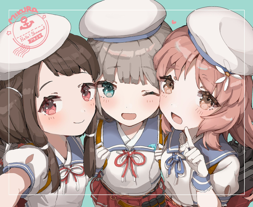 3girls, aqua_background, blue_eyes, blue_sailor_collar, blush, brown_eyes, brown_hair, flower
