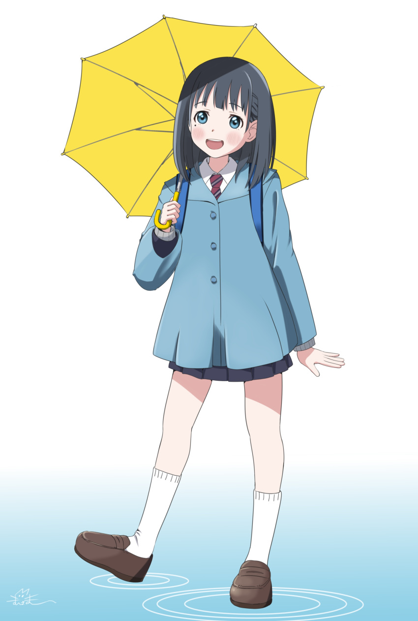absurdres, black_hair, blue_eyes, blush, eniwa_shii, highres, holding, holding_umbrella