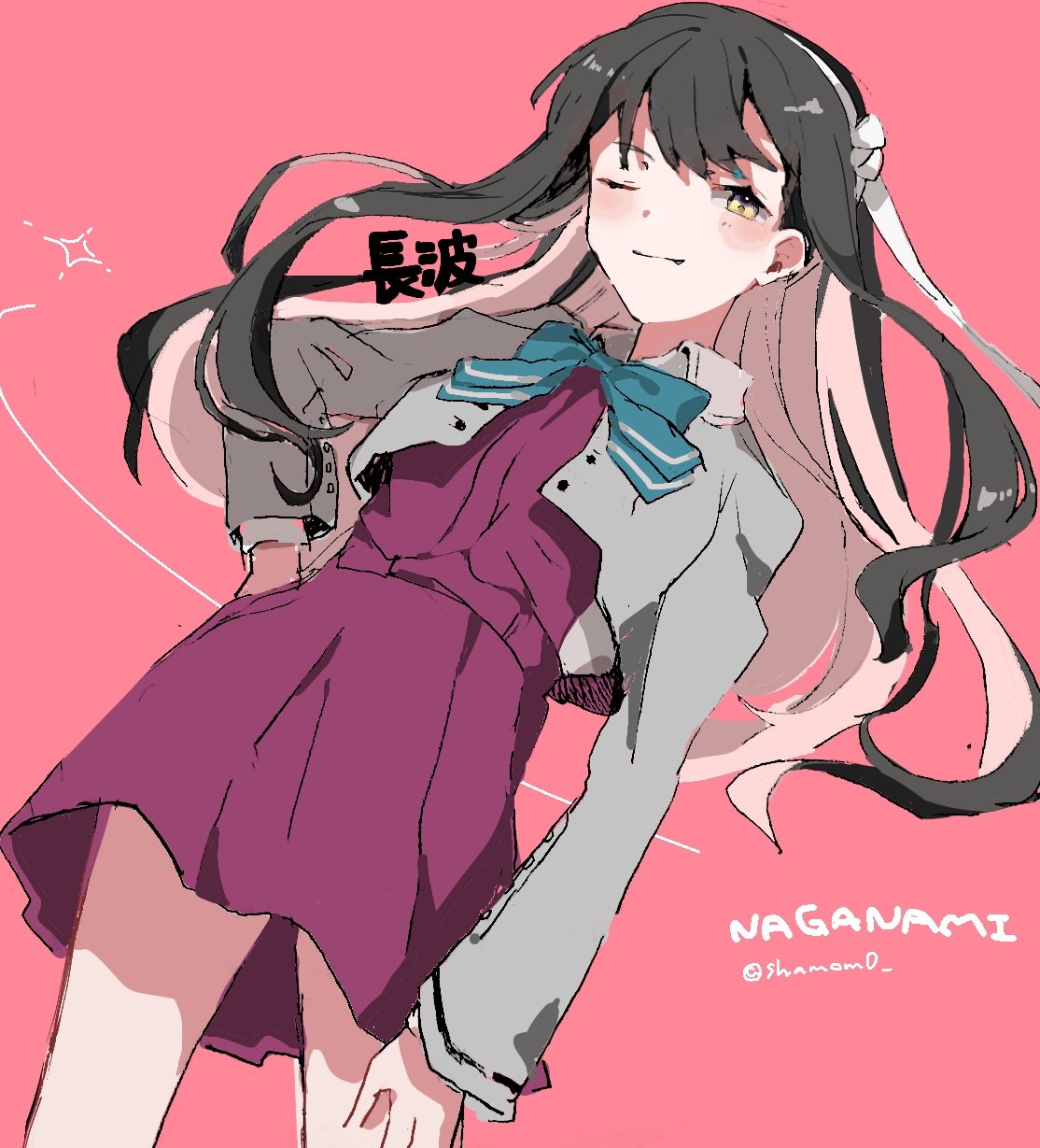 1girl, blush, bow, bowtie, character_name, dress, grey_jacket, hairband