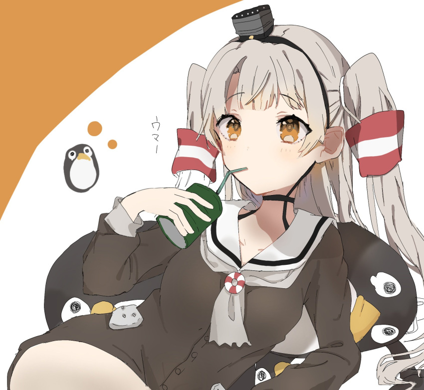 1girl, @_@, amatsukaze_(kancolle), black_dress, blush, choker, dress, drinking_straw