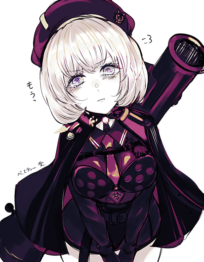 1girl, belt, beret, black_shirt, blue_eyes, breasts, cape, collarbone