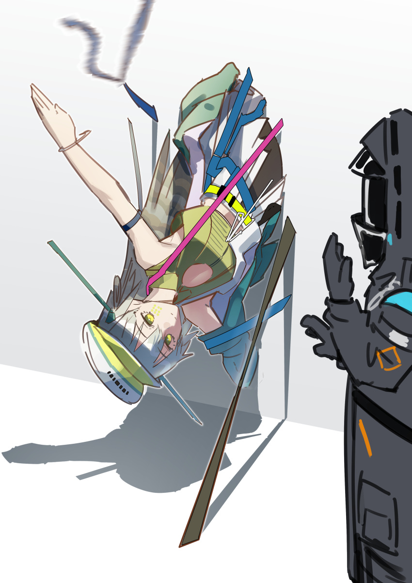 1girl, 1other, absurdres, arknights, black_gloves, doctor_(arknights), fartooth_(arknights), fartooth_(hear_the_wind_sing)_(arknights), feather_hair, fixro2n, gloves, grey_hair, hat, highres, hooded_coat, long_hair, sideways, sleeveless, t-pose, wall_clipping, yellow_eyes