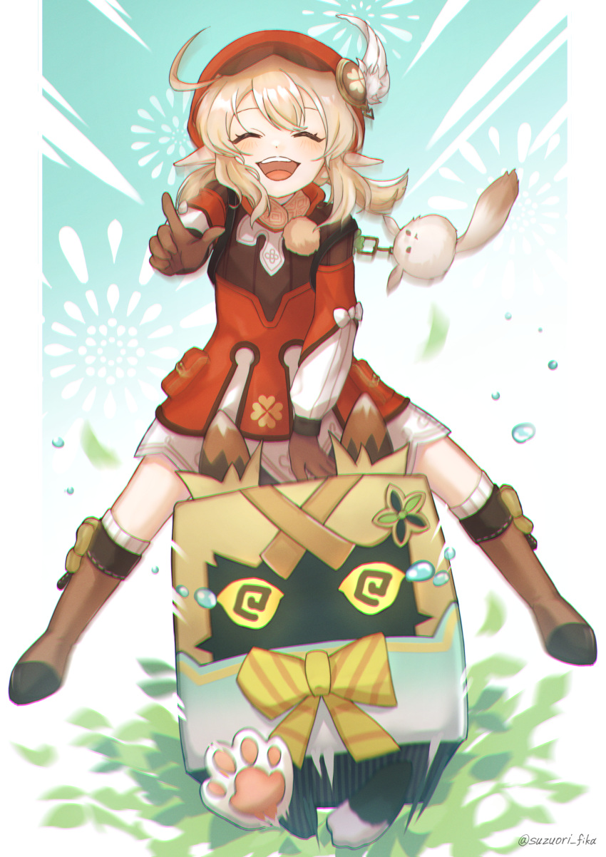 @_@, ^_^, absurdres, animal_hands, animalization, backpack, bag, bag_charm, bloomers, boots, box, brown_footwear, brown_gloves, brown_scarf, cabbie_hat, cardboard_box, cat, cat_paws, charm_(object), closed_eyes, clover_print, coat, dodoco_(genshin_impact), genshin_impact, gloves, hat, hat_feather, hat_ornament, highres, kirara_(genshin_impact), klee_(genshin_impact), knee_boots, kneehighs, light_brown_hair, multiple_tails, nekomata, pocket, pointing, pointing_at_viewer, pointy_ears, red_coat, riding, running, scarf, socks, suzuori_fika, tail, two_tails, underwear, white_bloomers