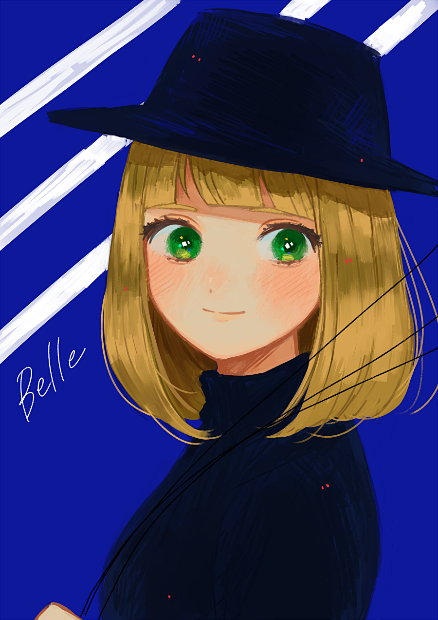 belle_(pop'n_music), black_headwear, black_shirt, blonde_hair, blue_background, blush, bob_cut, character_name