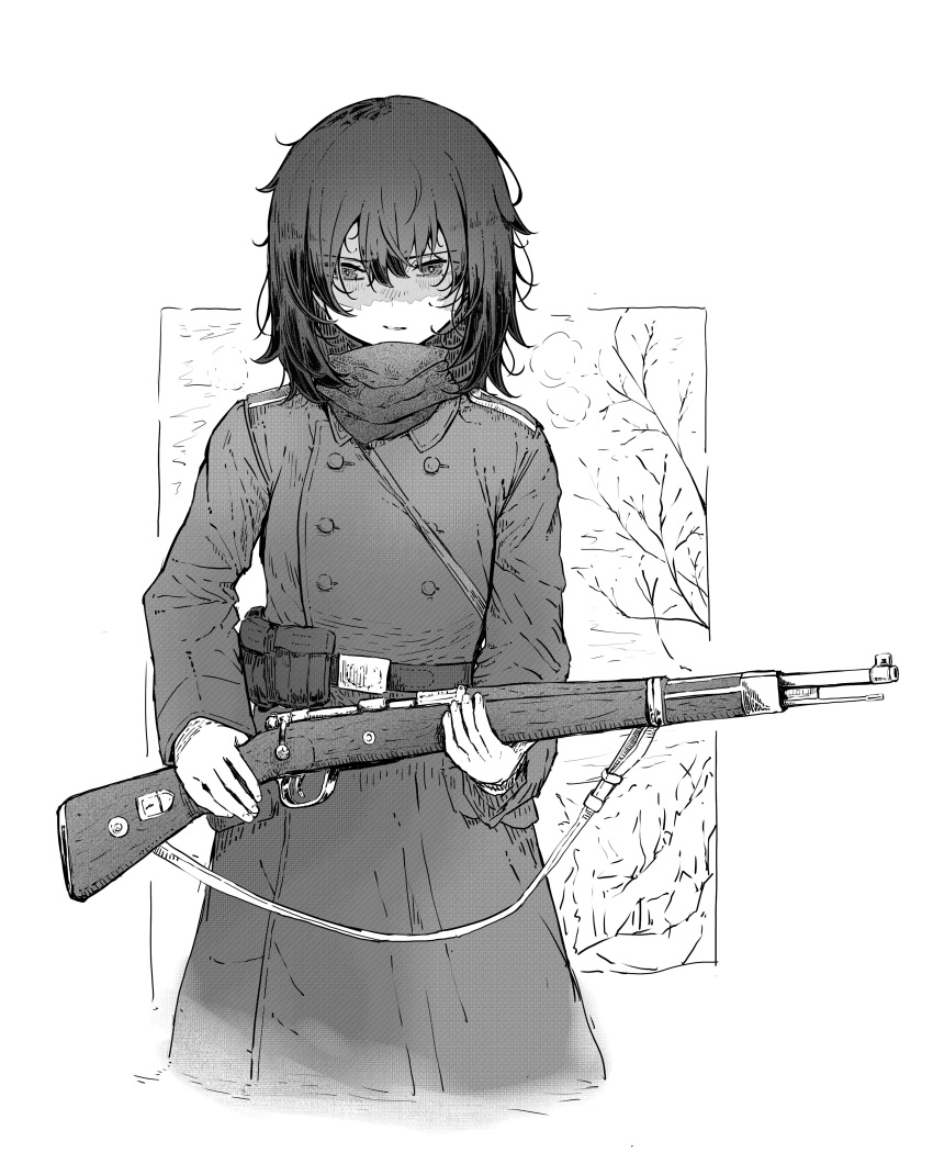 1girl, absurdres, black_hair, bolt_action, coat, french_army, gun, highres