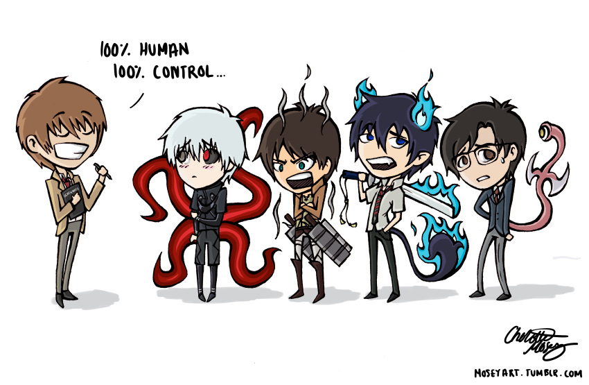 5boys, absurdres, albino, ao_no_exorcist, artist_name, black_hair, blue_fire, book
