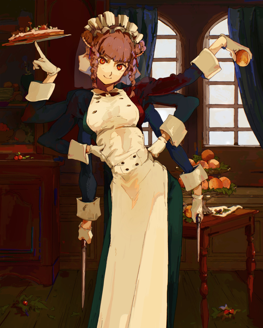 absurdres, ambiguous_red_liquid, apron, balancing_on_finger, bchan1582, black_dress, braid, brown_hair