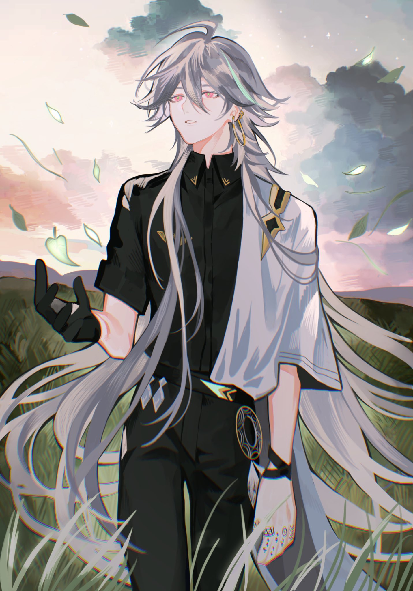 0nashiro, 1boy, ahoge, aqua_hair, bishounen, black_gloves, black_pants, black_shirt