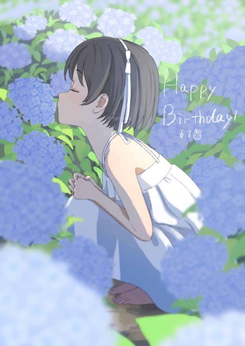 1girl, black_hair, closed_eyes, dated, dress, flower, from_side, happy_birthday