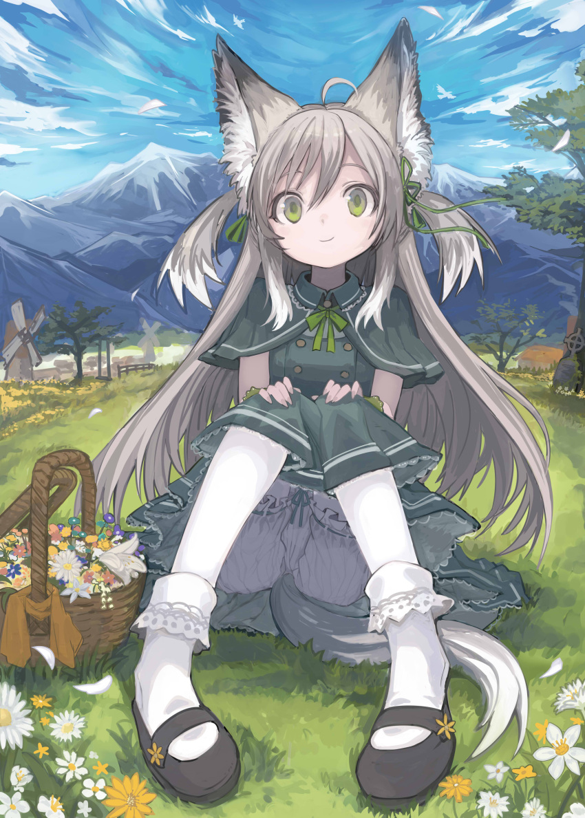 1girl, absurdres, ahoge, animal_ear_fluff, animal_ears, black_footwear, bloomers, blue_sky