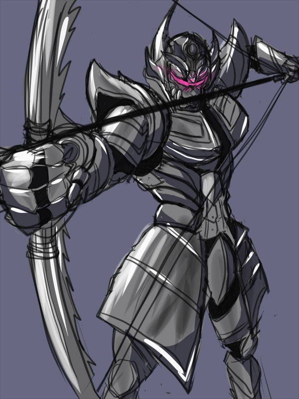 armor, blue_background, bow_(weapon), cowboy_shot, fangs, full_armor, gai_(garo), garo:the_one_who_shines_in_the_darkness