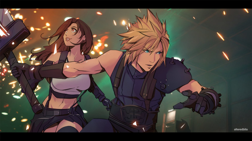 1boy, 1girl, alteredbits, armor, blonde_hair, blue_eyes, brown_hair, buster_sword, choker, cloud_strife, crop_top, elbow_pads, final_fantasy, final_fantasy_vii, final_fantasy_vii_remake, flower_choker, highres, midriff, red_eyes, shoulder_armor, shoulder_pads, skirt, sleeveless, sleeveless_turtleneck, sparks, spiky_hair, suspender_skirt, suspenders, suspenders_gap, tank_top, tifa_lockhart, turtleneck, weapon, white_tank_top