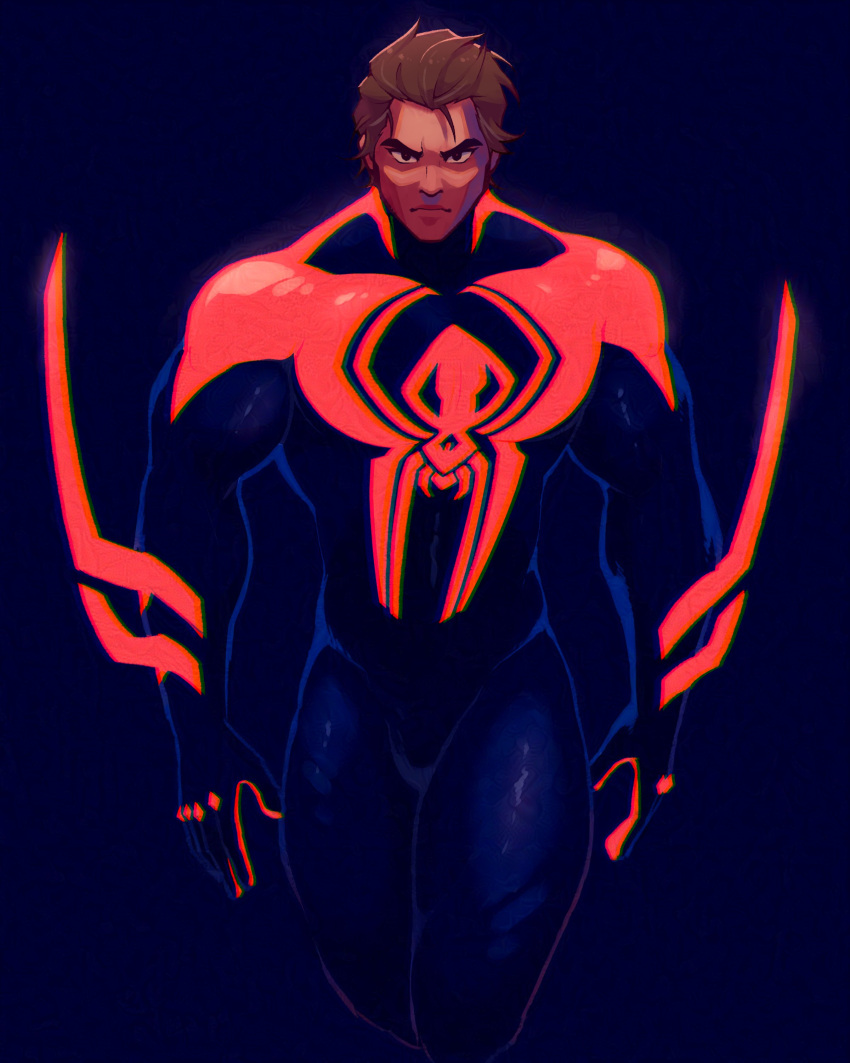 1boy, absurdres, animal_print, blue_background, blue_bodysuit, bodysuit, brown_eyes, brown_hair, chromatic_aberration, closed_mouth, cropped_legs, hair_slicked_back, high_contrast, highres, jon_(jonigiri), looking_at_viewer, male_focus, marvel, miguel_o'hara, muscular, muscular_male, serious, short_hair, simple_background, solo, spider-man:_across_the_spider-verse, spider-man_(2099), spider-man_(series), spider_print, thick_eyebrows, two-tone_bodysuit, walking