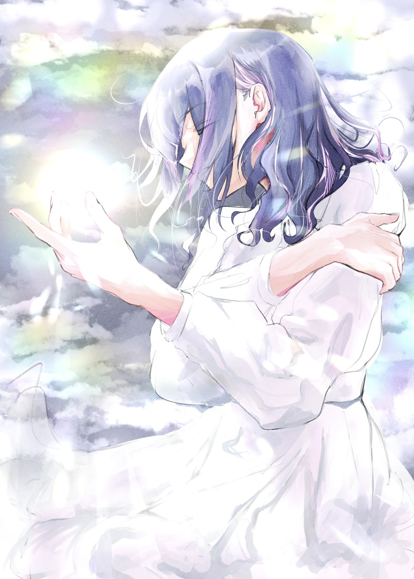 1girl, absurdres, blue_hair, closed_eyes, clouds, dark_blue_hair, dress, eyes_visible_through_hair, hair_over_one_eye, highres, holding_own_arm, idolmaster, idolmaster_shiny_colors, morino_rinze, o_shiki, solo, sun, white_dress