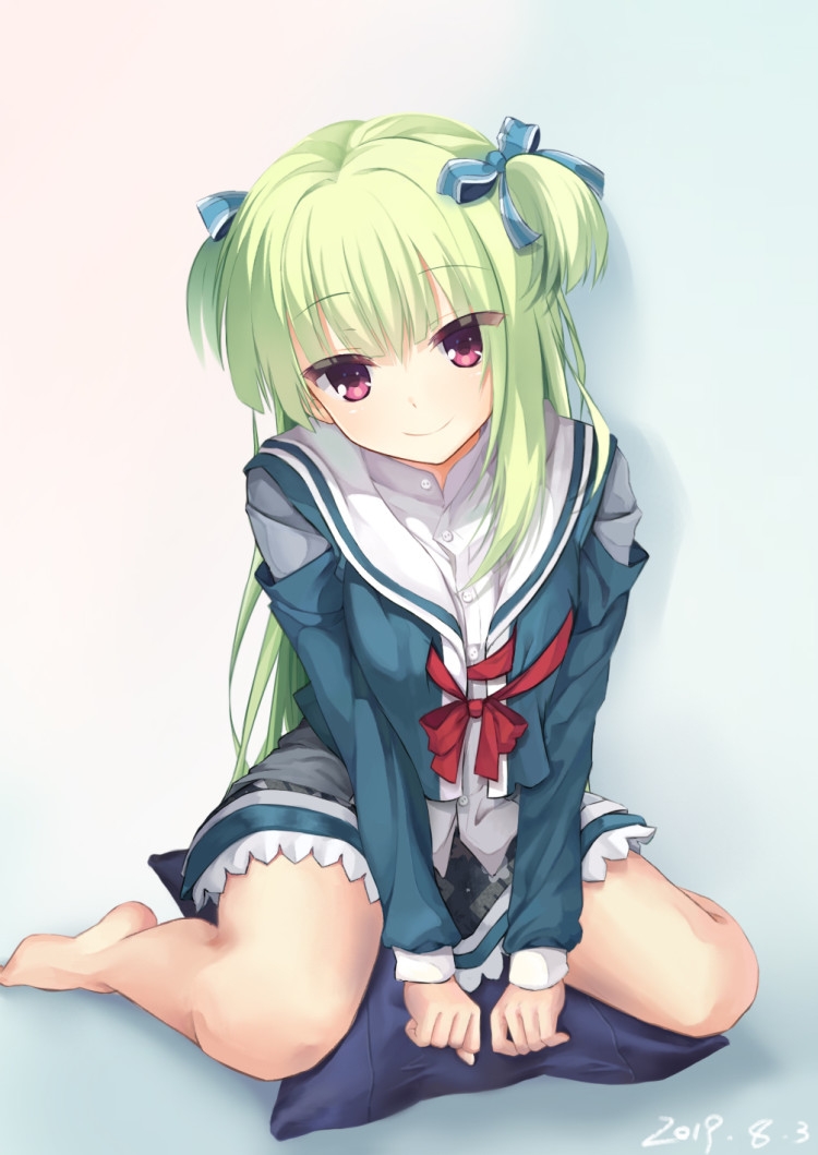 1693070240, 1girl, 2019, aqua_jacket, aqua_skirt, barefoot, blue_background, blue_ribbon