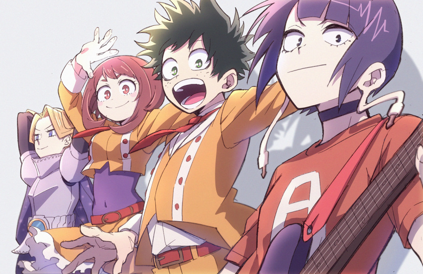 2boys, 2girls, :d, akiyama_(noconoco), aoyama_yuuga, armor, belt, belt_buckle, black_choker, blonde_hair, blunt_bangs, blush, blush_stickers, boku_no_hero_academia, brown_eyes, brown_hair, buckle, buttons, cape, choker, closed_mouth, commentary_request, covered_navel, cropped_jacket, electric_guitar, eyelashes, freckles, frilled_skirt, frills, green_eyes, green_hair, grey_background, guitar, holding, holding_instrument, instrument, jacket, jirou_kyouka, long_earlobes, long_sleeves, looking_at_viewer, medium_hair, midoriya_izuku, multiple_boys, multiple_girls, necktie, open_mouth, orange_jacket, orange_skirt, parted_bangs, purple_cape, purple_hair, red_belt, red_necktie, red_shirt, round_teeth, shirt, short_eyebrows, short_hair, short_sleeves, simple_background, skirt, smile, t-shirt, teeth, tongue, uraraka_ochako, v-shaped_eyebrows, violet_eyes, white_shirt