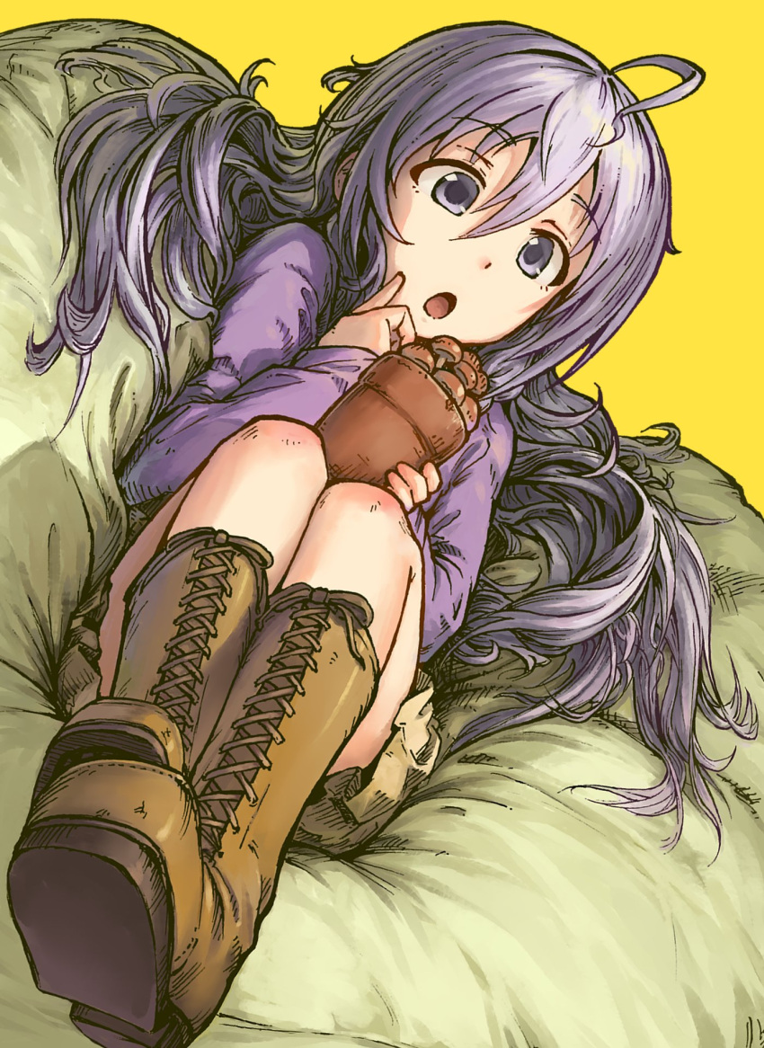 1girl, :o, ahoge, boots, brown_footwear, cross-laced_footwear, cushion, full_body