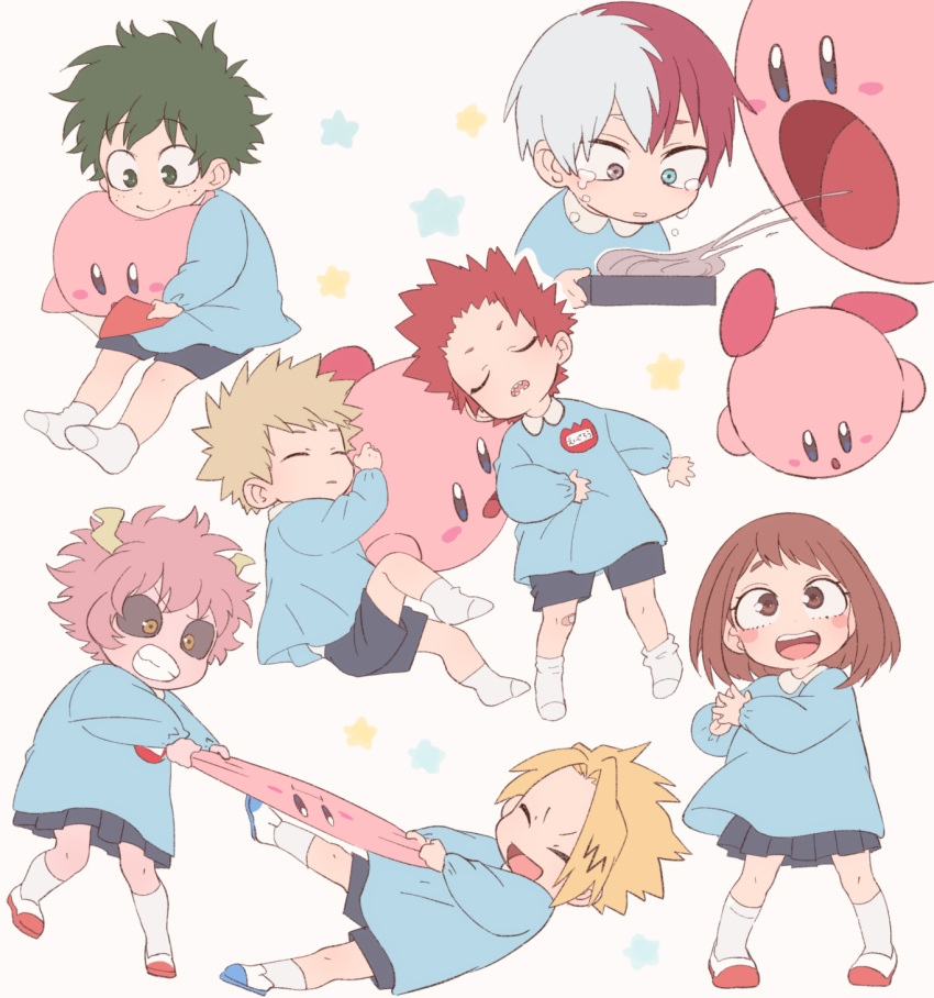 2girls, 5boys, :d, :o, akiyama_(noconoco), ashido_mina, bakugou_katsuki, black_sclera