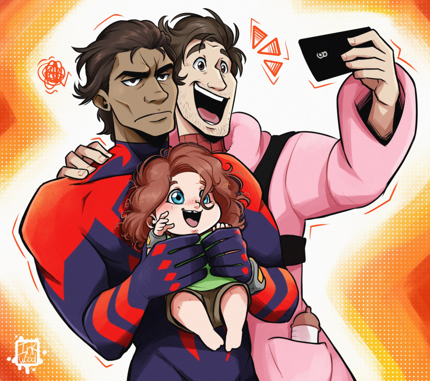 1girl, 2boys, annoyed, baby, blue_eyes, bodysuit, bottle, brown_hair