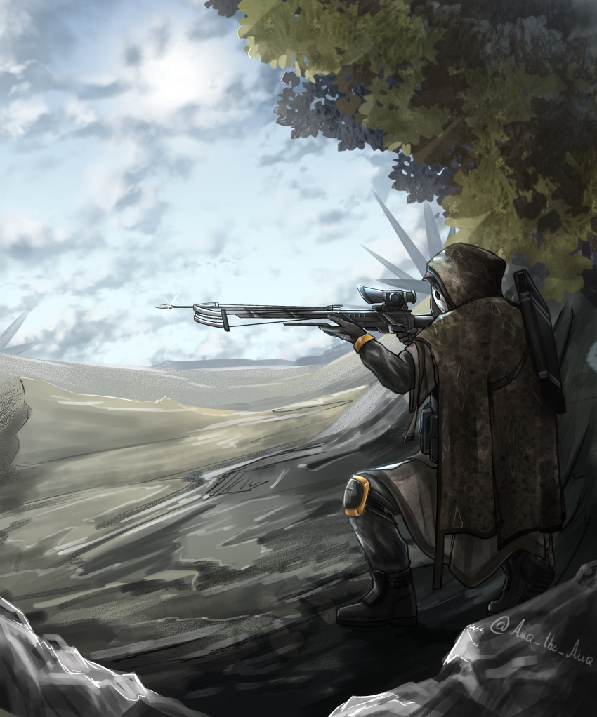 arknights, auq_the_auq, black_footwear, black_gloves, black_jacket, blue_sky, boots, brown_cloak