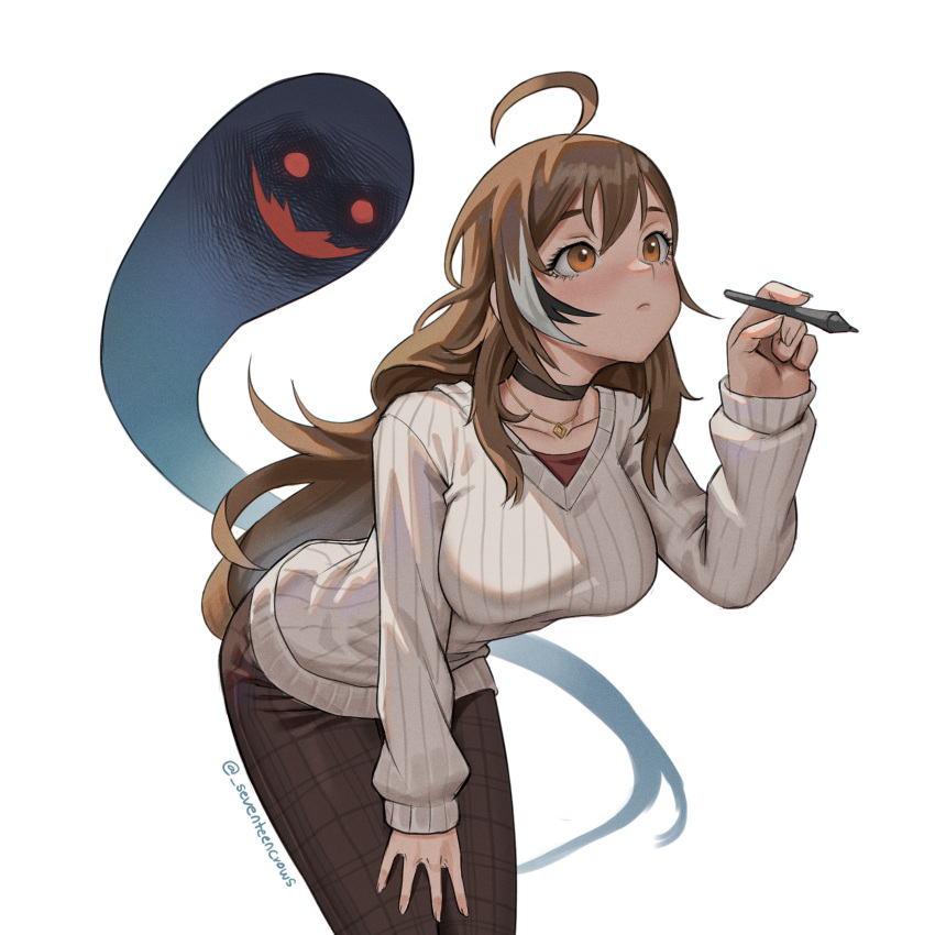 1girl, ahoge, bent_over, black_choker, blush, breasts, brown_eyes, brown_hair