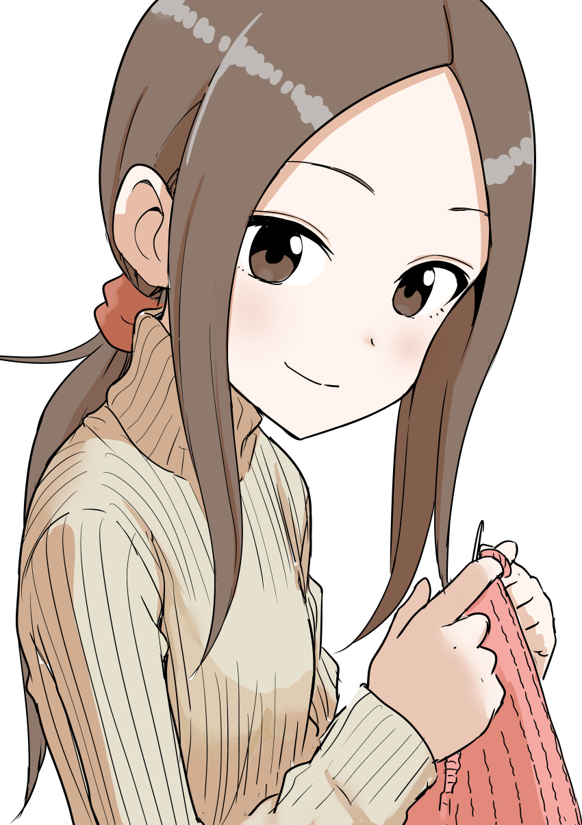 1girl, absurdres, brown_eyes, brown_hair, closed_mouth, from_side, highres, holding