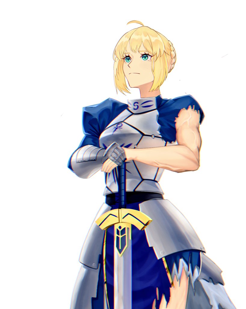 1girl, ahoge, armor, artoria_pendragon_(fate), blonde_hair, blue_dress, broken_armor, closed_mouth, cuirass, dress, exposed_muscle, fate/extella, fate/extra, fate/grand_order, fate/stay_night, fate_(series), gauntlets, green_eyes, hair_bun, holding, holding_sword, holding_weapon, lilyaholmes, looking_to_the_side, muscular, muscular_female, neck, saber, simple_background, solo, sword, torn_clothes, torso, weapon, white_background