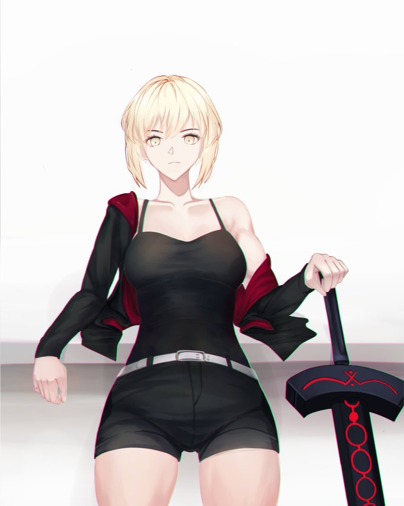 1girl, artoria_pendragon_(fate), belt, black_jacket, black_shorts, black_tank_top, blonde_hair, breasts, closed_mouth, collarbone, fate/grand_order, fate_(series), holding, holding_sword, holding_weapon, jacket, jacket_partially_removed, leaning_on_object, lilyaholmes, long_sleeves, looking_at_viewer, medium_breasts, saber_alter, short_hair, shorts, simple_background, single_bare_shoulder, solo, sword, tank_top, tomboy, weapon, white_background, yellow_eyes