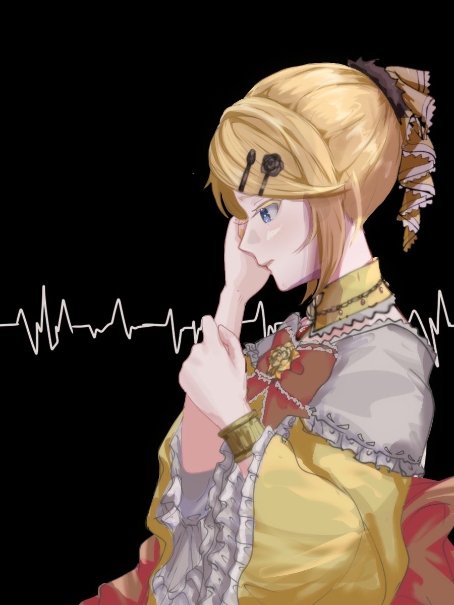1girl, aku_no_musume_(vocaloid), black_bow, blonde_hair, blue_eyes, bow, bracelet, brooch, choker, colored_eyelashes, detached_collar, dress, dress_bow, dress_flower, evillious_nendaiki, frilled_choker, frilled_dress, frills, from_side, hair_bow, hair_ornament, hairclip, heartbeat, high_ponytail, highres, hui_(hisessu), jewelry, kagamine_rin, looking_down, off-shoulder_dress, off_shoulder, orange_bow, profile, riliane_lucifen_d'autriche, sad, solo, swept_bangs, updo, vocaloid, wide_sleeves, worried, yellow_bow, yellow_choker, yellow_dress