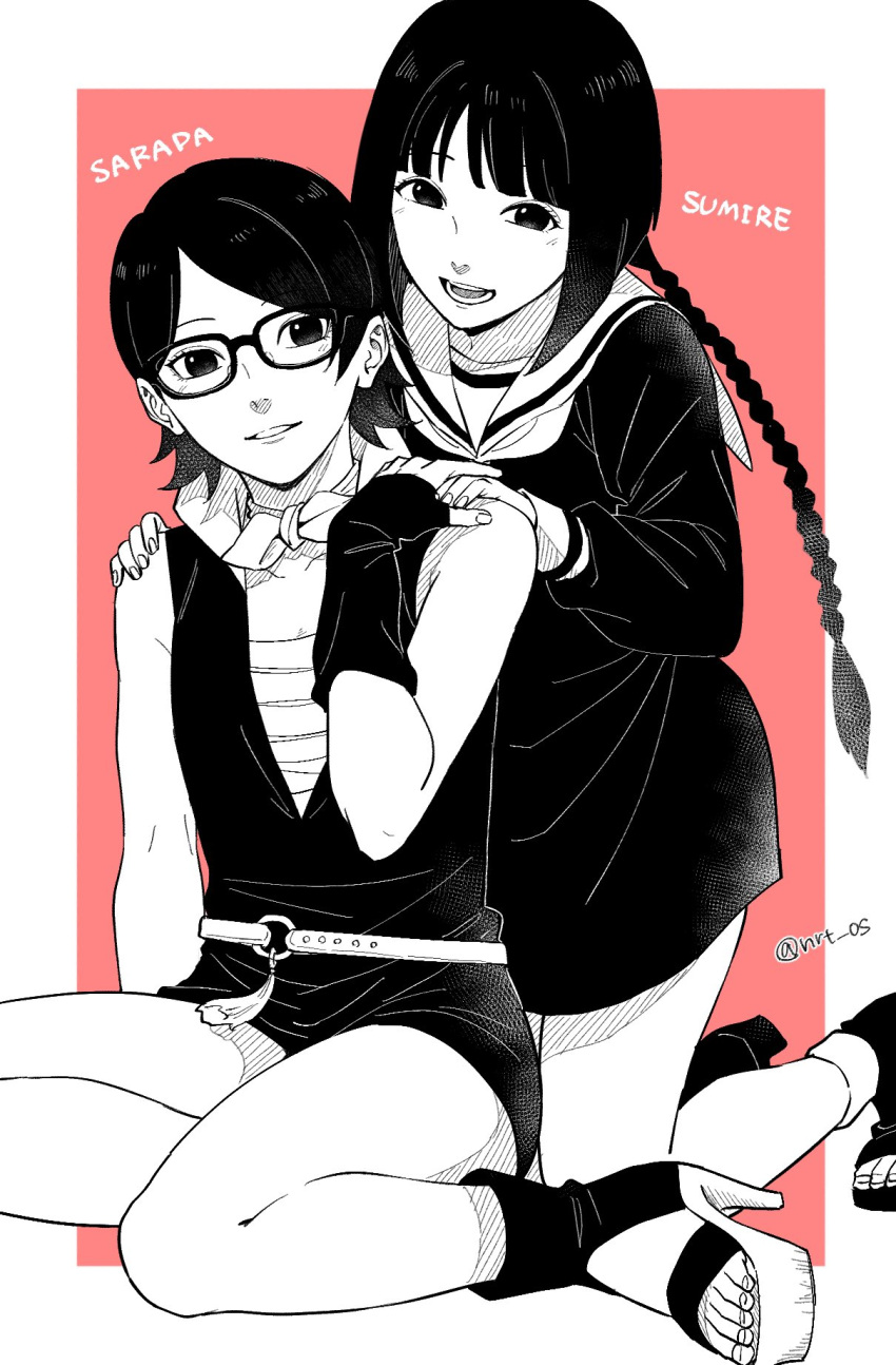2girls, bare_legs, boruto:_naruto_next_generations, braid, dress, english_text, glasses, greyscale