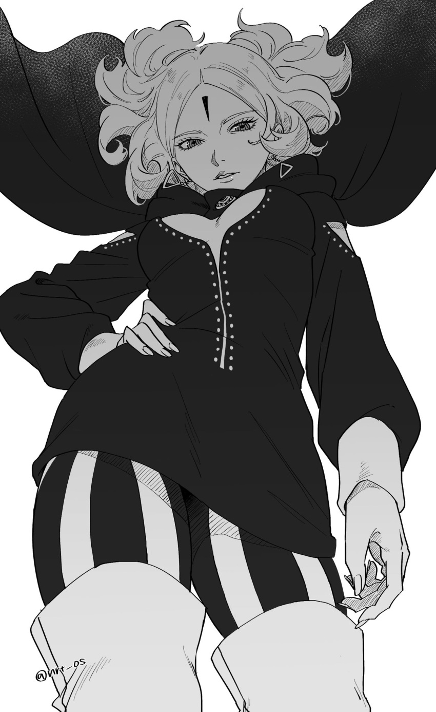 1girl, boruto:_naruto_next_generations, cape, cleavage_cutout, clothing_cutout, delta_(boruto), dress, facial_tattoo, greyscale, hand_on_own_hip, highres, looking_at_viewer, looking_down, monochrome, naruto_(series), nrt_os_(artist), short_hair, tattoo, thigh-highs, white_background, wind