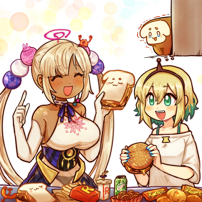 1girl, 2girls, :d, ^_^, amano_pikamee, black_hairband, blonde_hair, breasts, burger, closed_eyes, collarbone, colored_inner_hair, commentary, crossover, cup, dark-skinned_female, dark_skin, disposable_cup, elbow_gloves, english_commentary, food, french_fries, gloves, green_eyes, green_hair, hair_ornament, hairband, hand_up, holding, holding_food, hololive, hololive_english, kaniko_(tsukumo_sana), kataro, large_breasts, limiter_(tsukumo_sana), long_hair, looking_at_another, mountain_dew, multicolored_hair, multiple_girls, off-shoulder_shirt, off_shoulder, onion_rings, planet_hair_ornament, reese's_cups, sandwich, sharp_teeth, shirt, short_hair, smile, teeth, tsukumo_sana, tsukumo_sana_(1st_costume), twintails, two-tone_hair, upper_body, very_long_hair, virtual_youtuber, voms, white_gloves, white_shirt, yatagarasu_(tsukumo_sana)